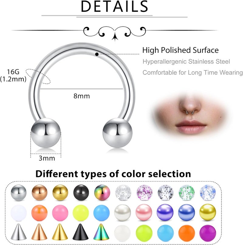D.Bella 16G 18G 20G Horseshoe Septum Rings Surgical Steel Nose Piercing Jewelry Cartilage Helix Tragus Earring Hoop Eyebrow Lip Retainer for Women Men 6mm 8mm 10mm 12mm - Image 2